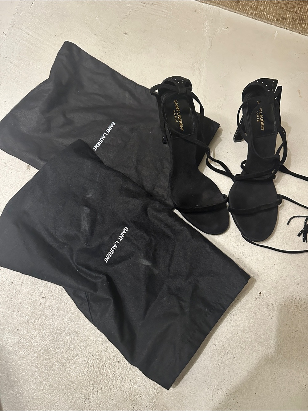 Saint Laurent Black Suede Lace-Up Heeled Sandals